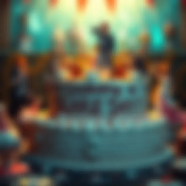 A festive cake decorated with Bleach theme, along with anime figures and party decorations