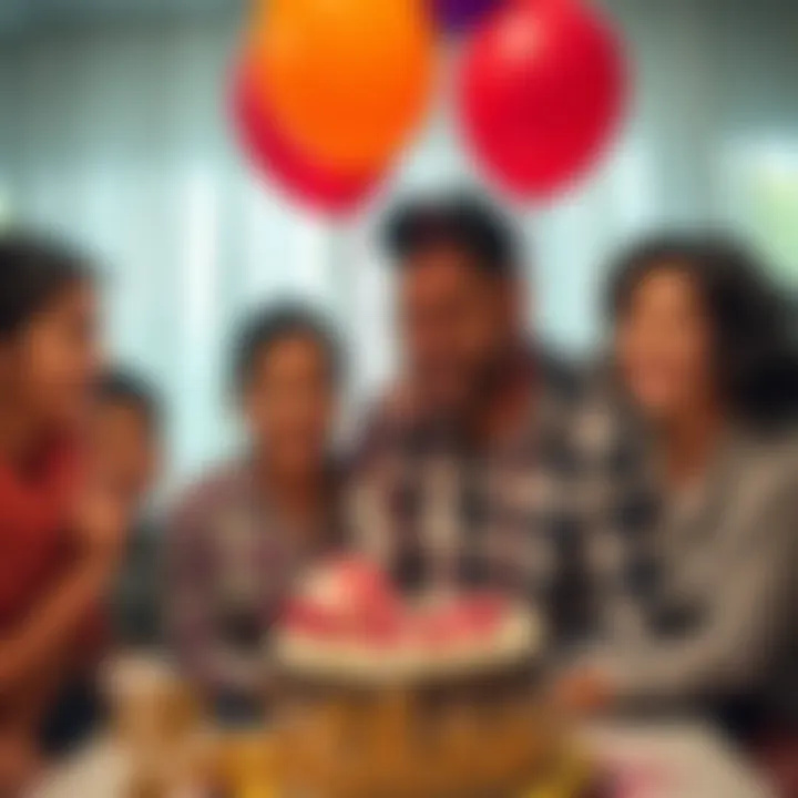 A family gathering with joyful expressions, celebrating a brother's success with balloons and a cake