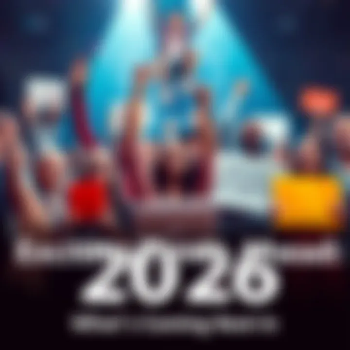 A group of diverse people celebrating together with signs about innovation and change for the year 2026.