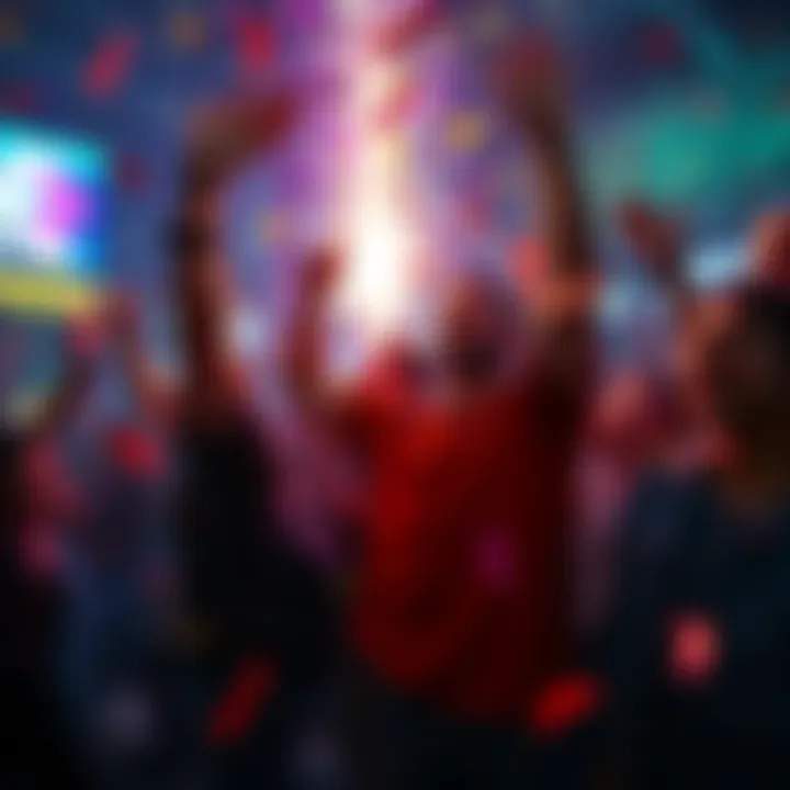 People joyfully celebrating a new game character addition with cheers and confetti