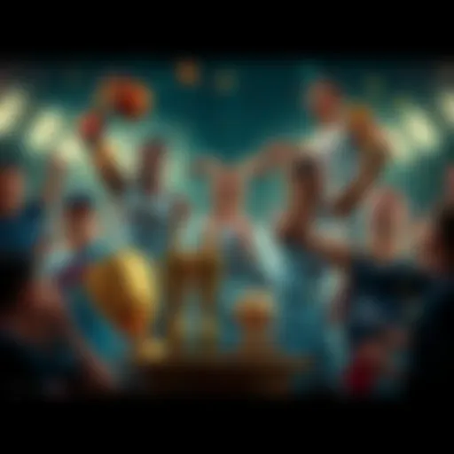 Athletes showcasing their unique skills and achievements, surrounded by trophies and fans, representing the GOATed player phenomenon