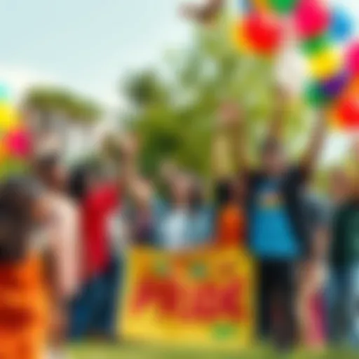 A diverse group of people joyfully celebrating their achievements at a park, with colorful balloons and banners expressing pride.