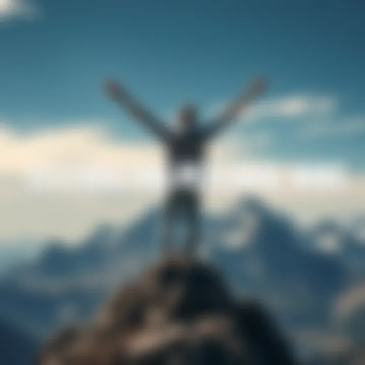 A person raising their arms in joy while standing on a mountain peak, symbolizing achievement and success.