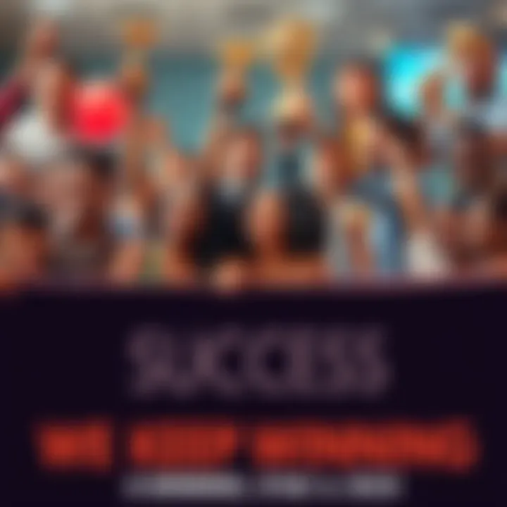 Celebrating Success A group of diverse people joyfully celebrating achievements together, holding trophies and banners, with smiles on their faces.