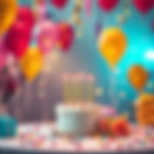 A festive scene with balloons and cake, representing the 8th anniversary celebration