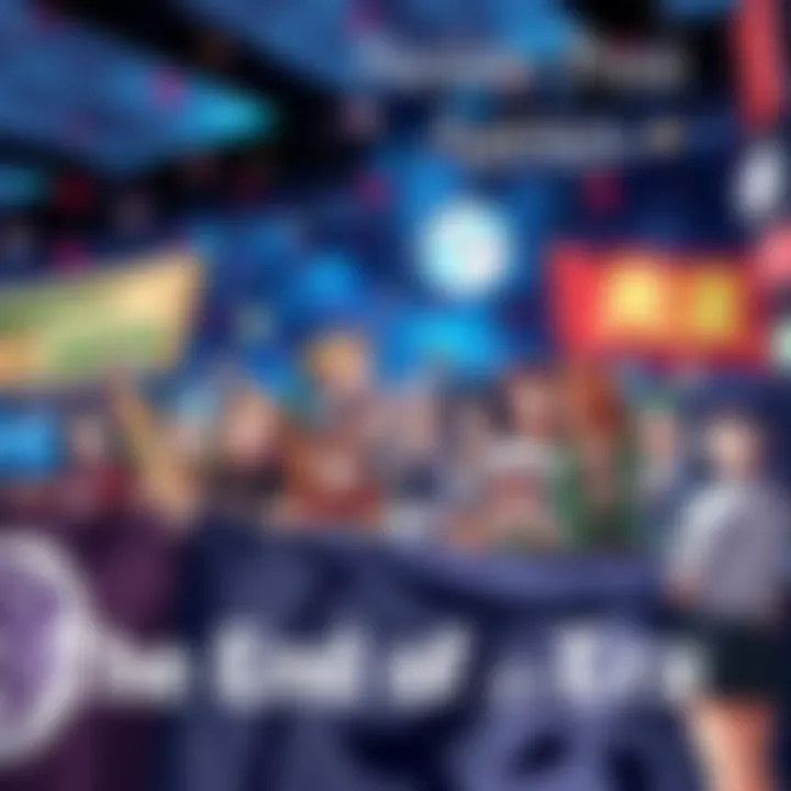 Celebration of Anime Fans celebrating the end of popular anime series with banners and cosplay, expressing mixed emotions