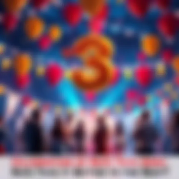 A festive scene with balloons and banners celebrating the 3rd anniversary event, with people discussing and sharing their opinions on past anniversaries.