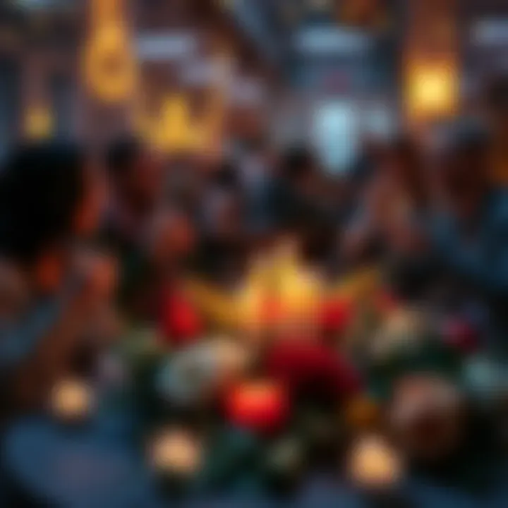 Group of people celebrating with drinks and laughter in a somber setting, contrasting their joy with a backdrop of memorial candles and flowers on a table.