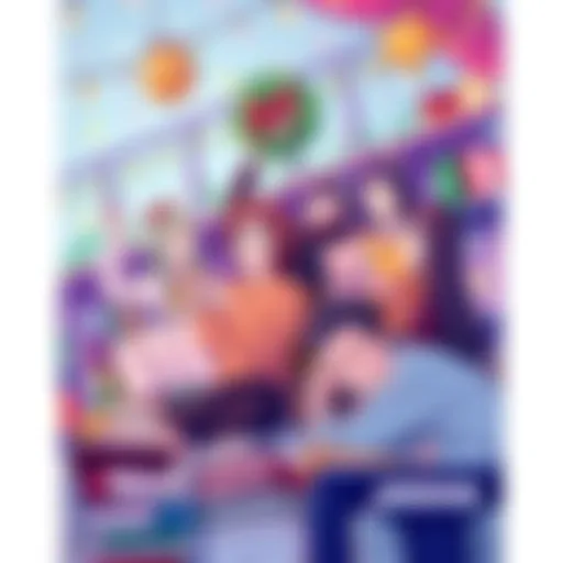 Colorful illustration showing people celebrating the release of Chapter 315 from ‘Every Day Is a Holiday,’ with festive decorations and books around.