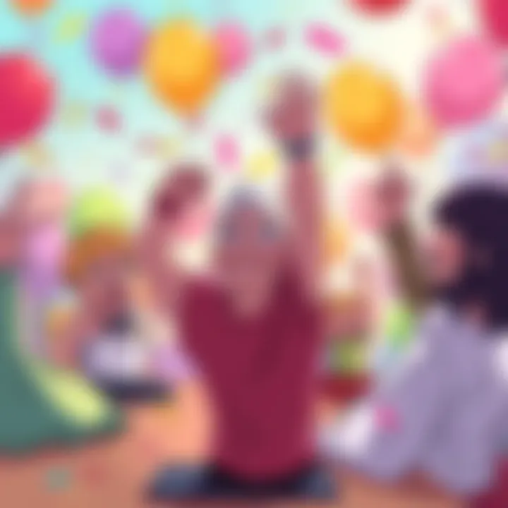 A colorful scene showing characters joyfully celebrating despite a death, with balloons and confetti in the air.