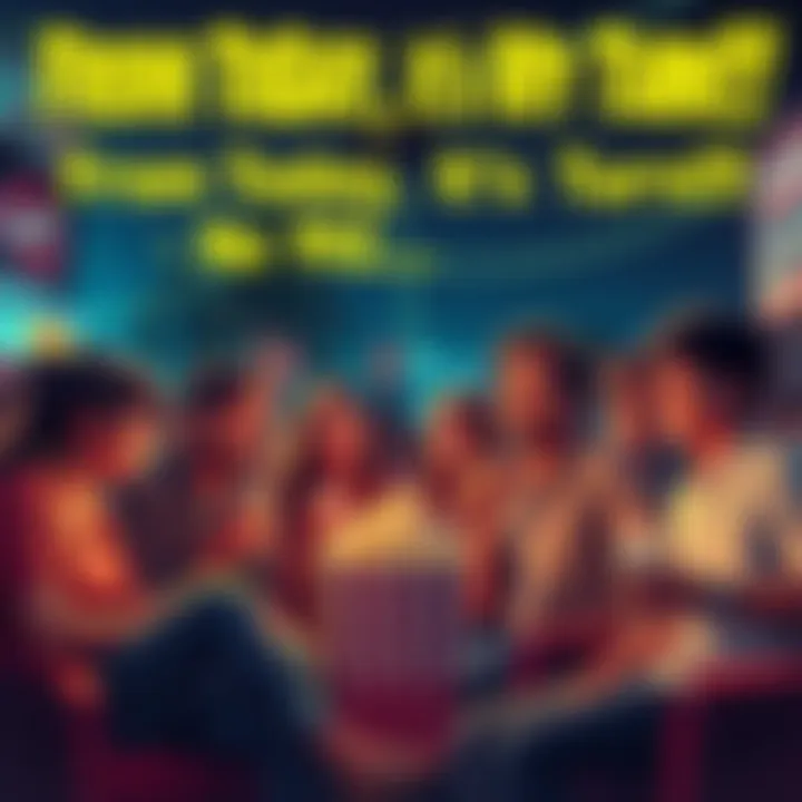 A lively scene showing people celebrating the film From Today, It's My Turn!!, enjoying popcorn and discussing key moments.