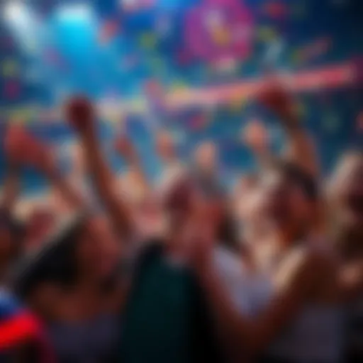 Celebration of a Happy Ending A group of cheering fans celebrating a happy conclusion with confetti and smiles.