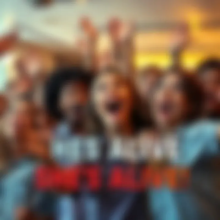 A group of people joyfully reacting to surprising news about someone's return, with expressions of shock and excitement.