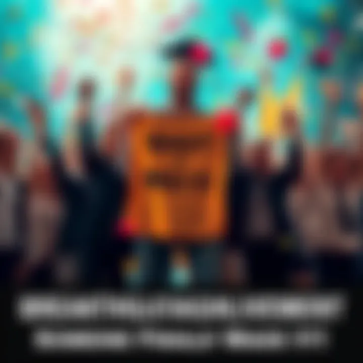 A group of people celebrating a significant accomplishment with joy and enthusiasm, holding banners and confetti