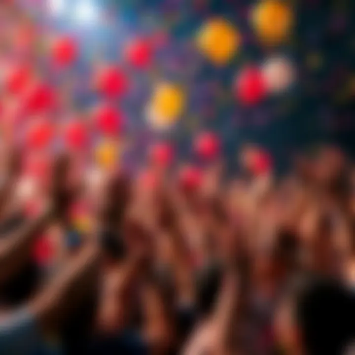 A crowd cheering with colorful confetti and balloons, symbolizing a year filled with chaos and confusion.