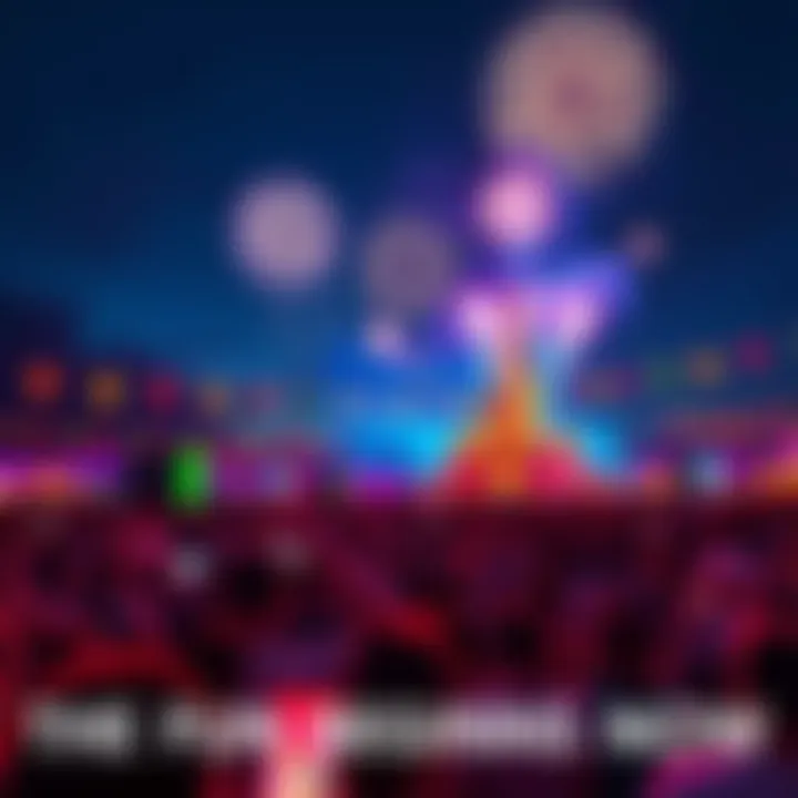 A vibrant crowd enjoying a festival atmosphere with colorful decorations and fireworks in the night sky, representing excitement for 2026.