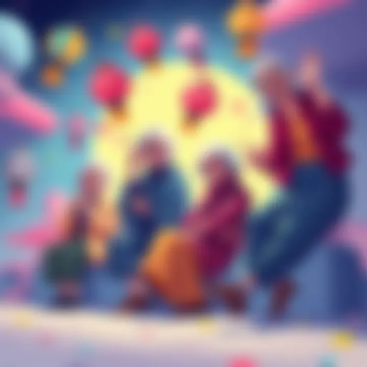 A vibrant illustration featuring old women in playful yuri-style poses, embracing creativity with bright colors and whimsical elements.