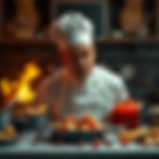 A disgraced celebrity chef looking distressed in a kitchen surrounded by burnt food and overturned pots, symbolizing his downfall.