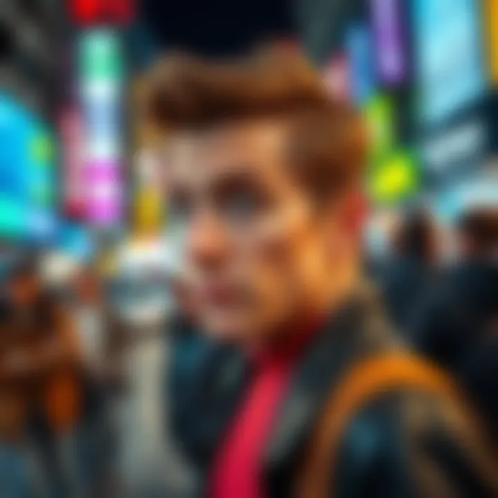 A person resembling a famous celebrity stands in a busy street, capturing the attention of onlookers.