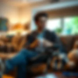 A celebrity sitting on a couch in casual clothes, looking thoughtful while holding a cup of coffee in a cozy living room.