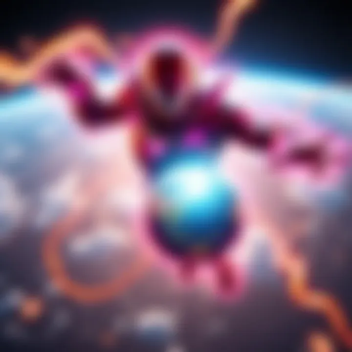 Cell-Max displaying immense power with energy swirling around him, observing Earth from above