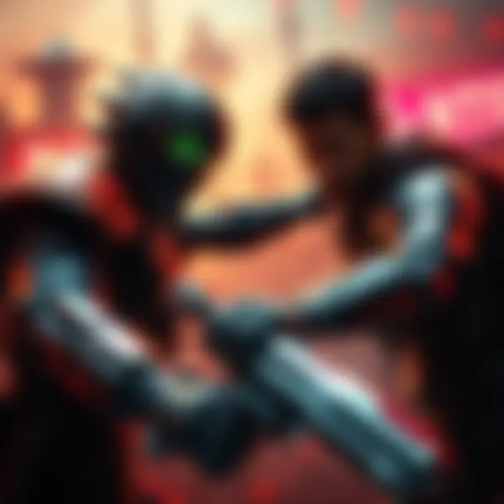 Cell guides a fighter during an intense battle scene, showcasing his mentoring skills in action.