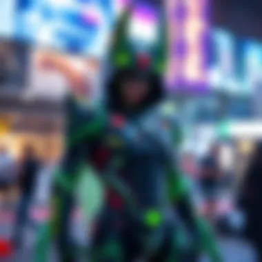 A person displaying a detailed Cell cosplay costume with vibrant colors and intricate designs, posing confidently.