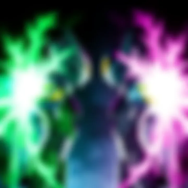 Cell and Frieza face off in an intense battle scene with energy beams colliding around them.