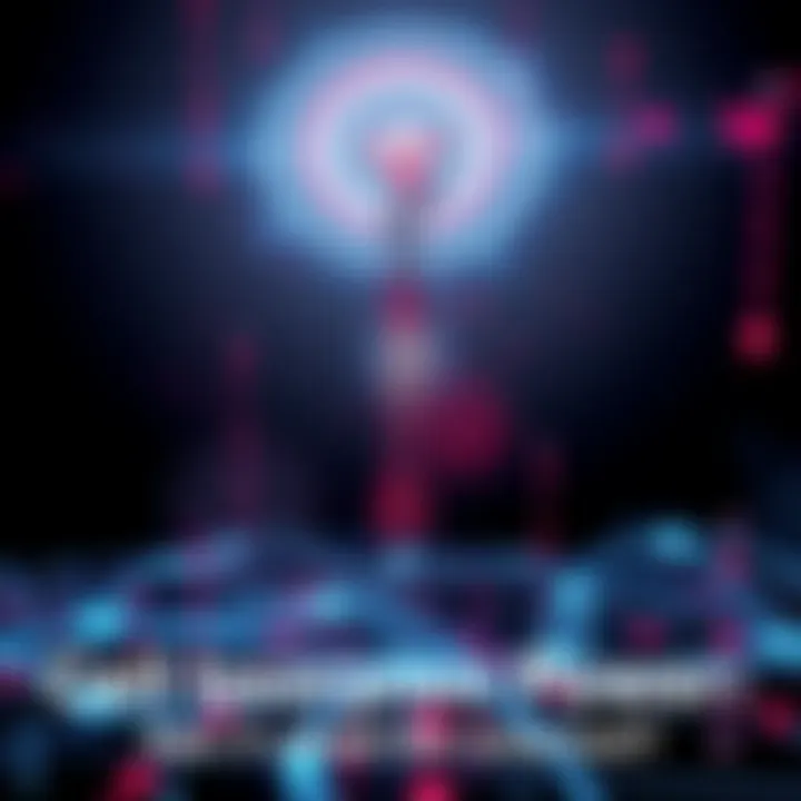A cell tower with signals represented as waves disrupting a digital network symbolizing internet connectivity issues.