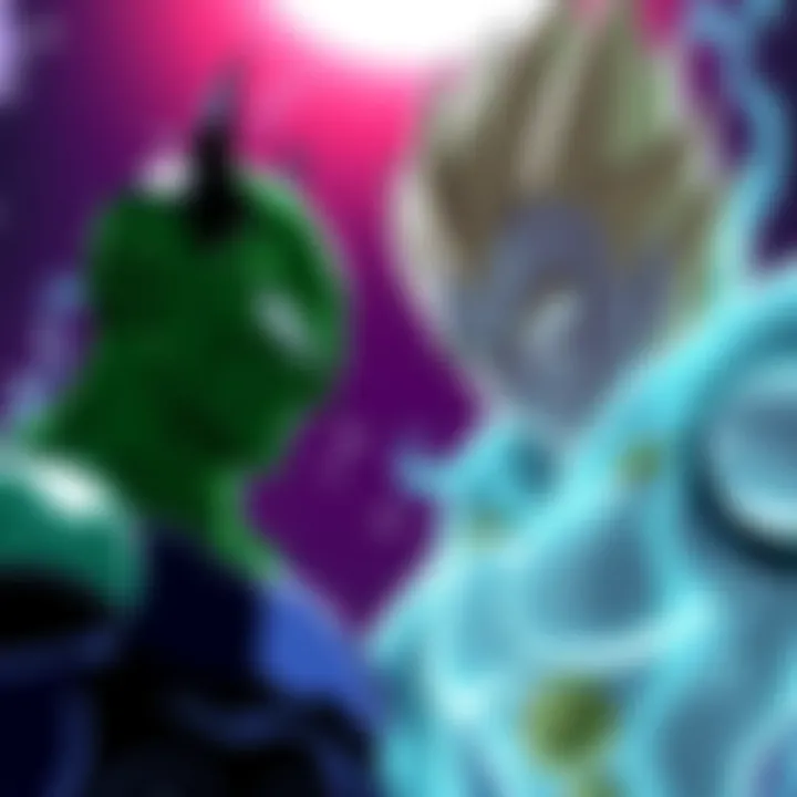 Cell, a creature with a green and black design, appears in front of Vegeta, a spiky-haired warrior, looking surprised as a ghostly figure.