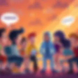 A group of animated characters discussing censorship concerns in a vibrant setting, representing adult animation shows. There are speech bubbles showing words like 'freedom' and 'restrictions'.