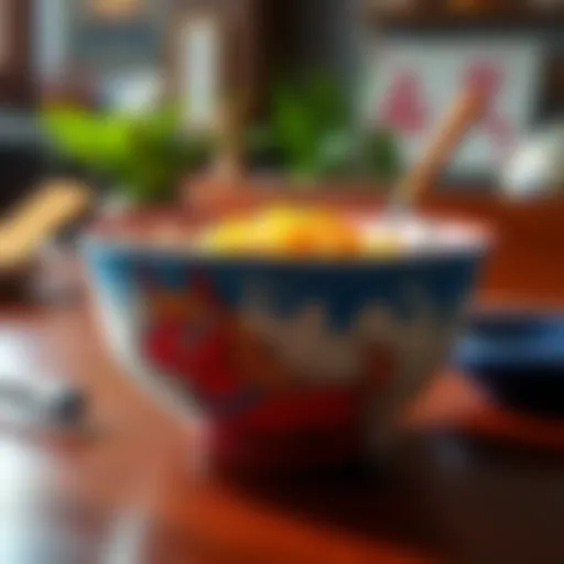 A colorful ceramic bowl featuring a Ponyo design, showcasing the character from the anime, placed on a table with noodles inside.