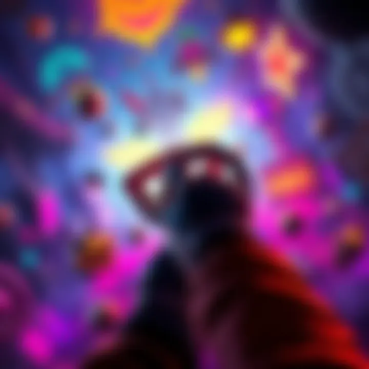 A player uses a chainsaw in Luna Nights, surrounded by colorful game elements and chaos.