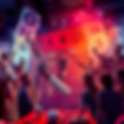 A colorful bingo card featuring Chainsaw Man characters and themes, surrounded by excited fans discussing their picks.