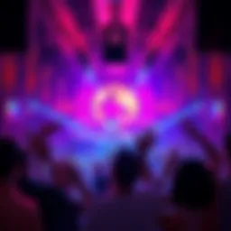 A lively crowd enjoying a Chainsaw Man themed dance club, showcasing new dance moves and energetic music, with colorful lights and a vibrant atmosphere.