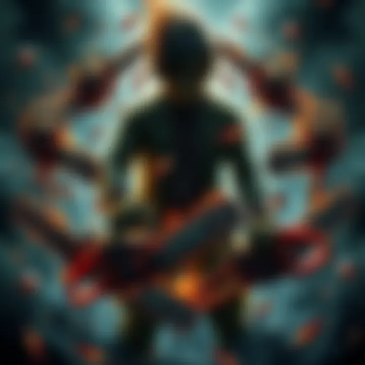 Chainsaw Man in a cyclic transformation Denji transforming into Chainsaw Man, surrounded by chainsaws symbolizing a cycle of creation and destruction