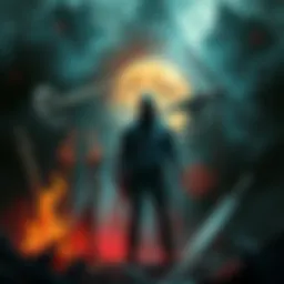 A character from Chainsaw Man stands in a dark, chaotic world, surrounded by symbols of life and death, showing resilience and determination.