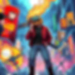 Chainsaw Man character with a chainsaw for a head standing confidently, surrounded by dynamic action scenes and vibrant colors, representing the impact on anime and manga culture.