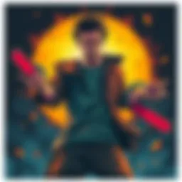 Illustration of Chainsaw Man character with chainsaw arms and intense expression, set against a dramatic backdrop, showcasing the energy of the story.