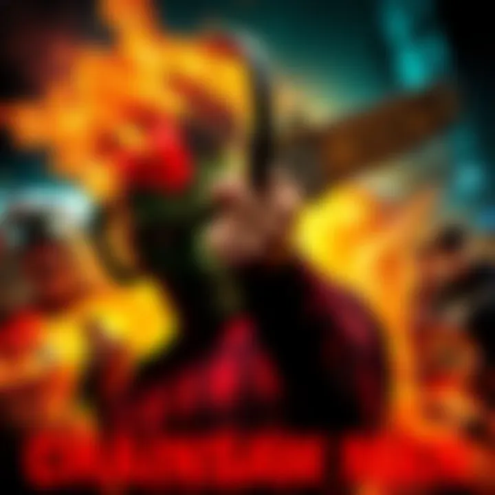 A striking poster for the Chainsaw Man movie featuring the main character with a chainsaw for a head, showcasing vibrant action scenes in the background.