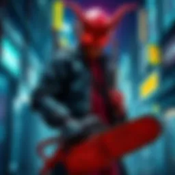 Chainsaw Man stands with Pochita, showcasing a chainsaw weapon and devilish features in a dark, urban setting.