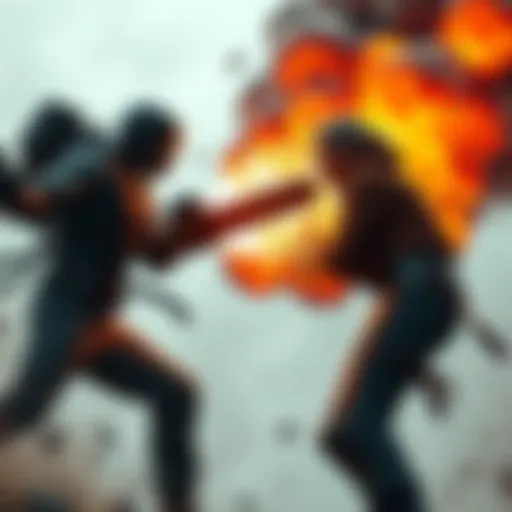 Chainsaw Man in battle stance facing a character launching thermobaric bombs, showcasing power and tension in the air.