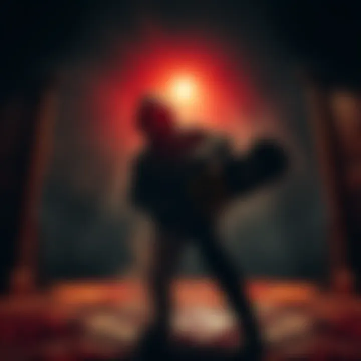 Chainsaw Movie Poster A chilling scene from a chainsaw movie showing a figure wielding a chainsaw in a dark, eerie environment.