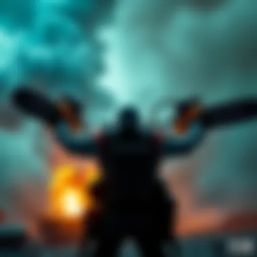 Chainsawman stands ready with chainsaw arms, while a person prepares thermobaric bombs in the background