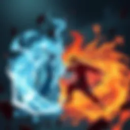 Chakra Elements Clash A battle scene featuring fire and wind chakra elements combining in the Naruto universe, with vivid flames and swirling winds clashing against each other.