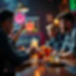 A group of friends discussing hints and clues about a drinking challenge, with drinks on the table.