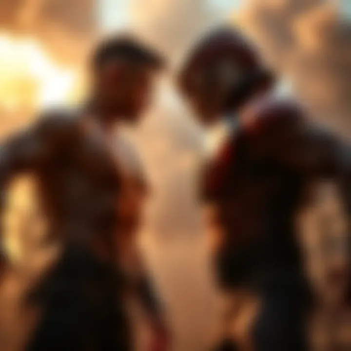 A determined individual standing confidently against a powerful opponent in an intense showdown, showcasing strength and resilience.