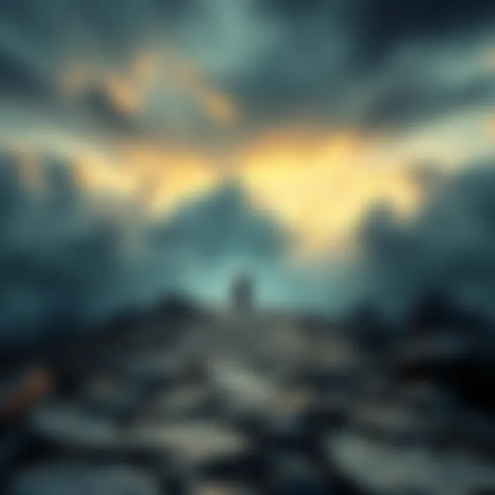 Challenging Path Ahead A person walking on a rocky path surrounded by dark clouds, facing unexpected obstacles.