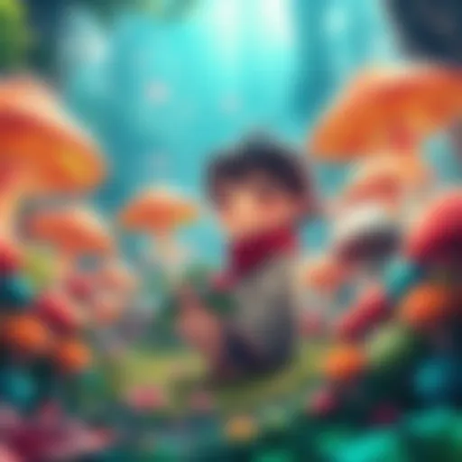 A vibrant scene from Champignon no Majo Episode 10 showcasing the main character in a magical setting surrounded by mushrooms and colorful plants.