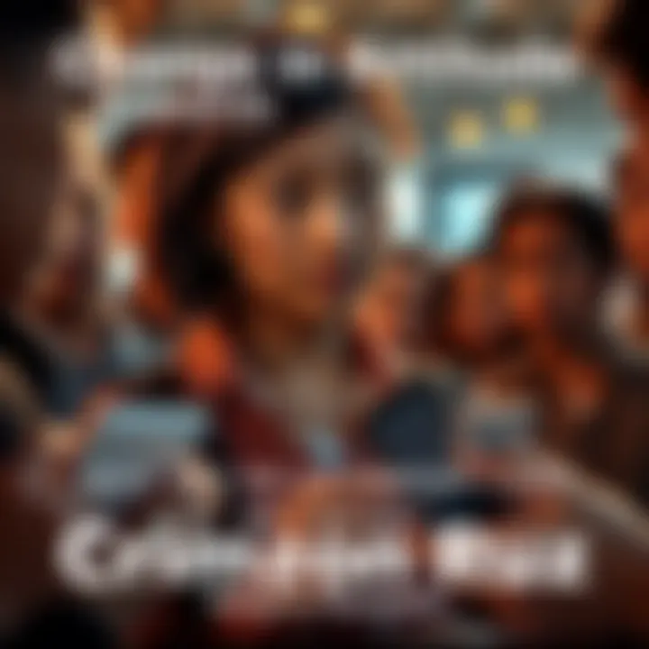 A woman looking disappointed while holding a Crimzon Ruz product, surrounded by community members discussing change.